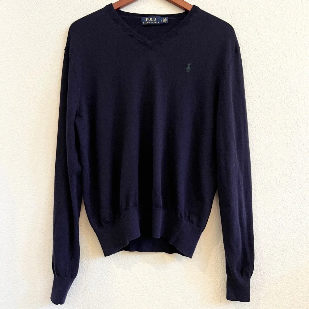 Polo Ralph Lauren 100% Merino Wool V Neck Sweater Navy‎ Blue Size L